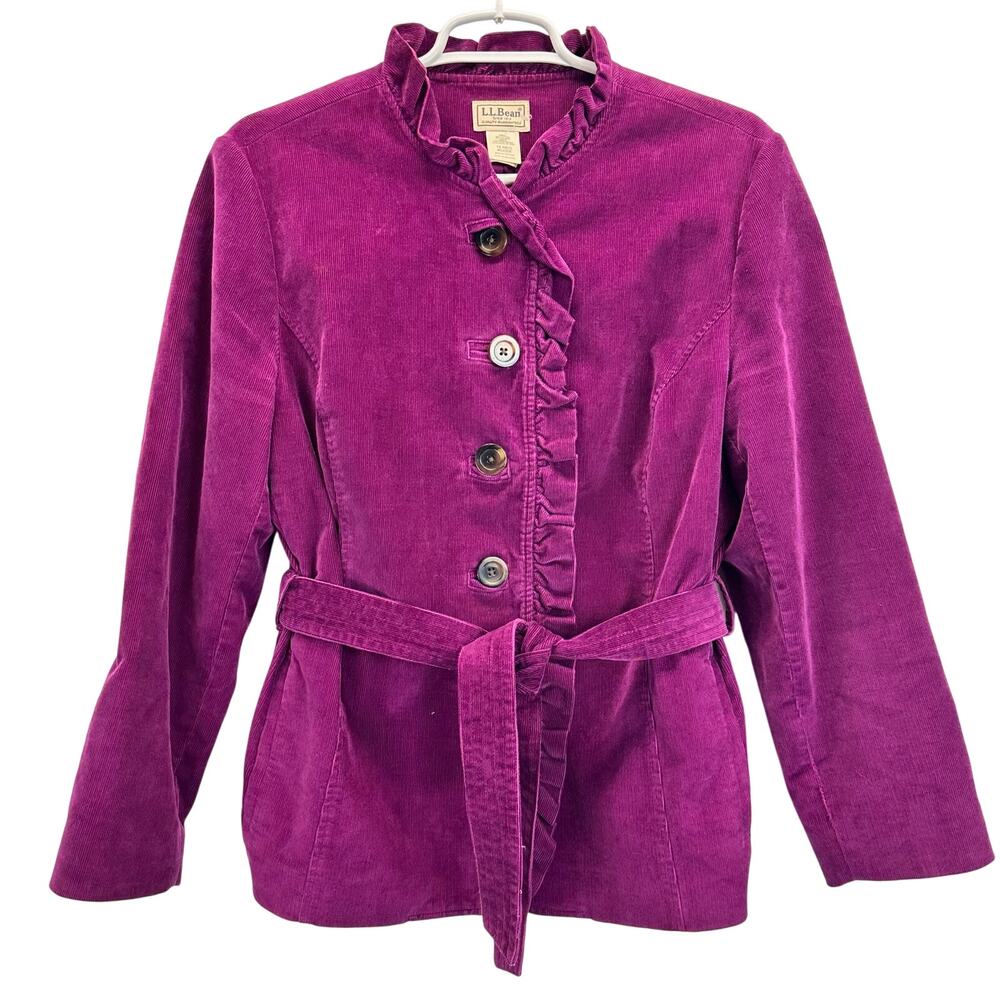 LL Bean Jacket Womens Button Front Tie Waist Corduroy Purple Ruffle Detail 12
